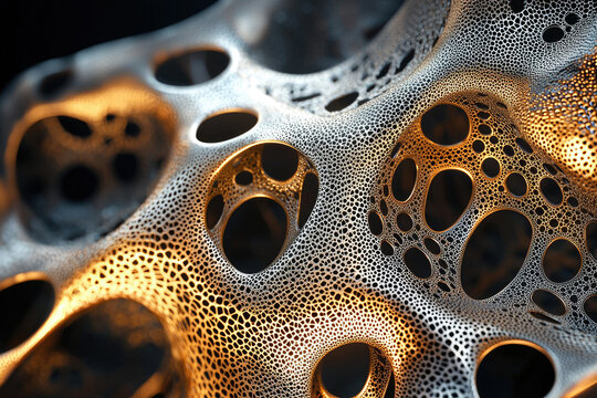 Abstract, organic structure with intricate holes, lit with golden light, showcasing cellular patterns and complex interconnectedness against a dark background.