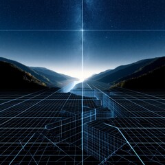 Poster - Digital Divide:  A fractured landscape under a celestial gaze, a stark contrast of nature and technology.
