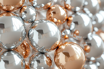 Poster - A shiny collection of silver and gold metallic spheres with reflections and intricate textures filling the frame.