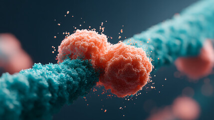 Poster - Close up of a blue and orange textured object with small particles on a dark background