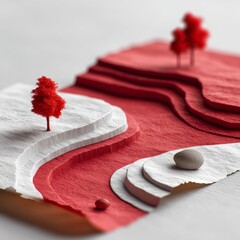 Aufkleber - Miniature Red and White Landscape: Abstract Topography with Trees and Stone, A Delicate, Textured Composition