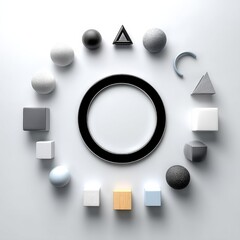 Poster - Modern Geometric Still Life: Spheres, Cubes, and Triangles Arranged Around a Central Circle