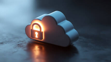 Poster - A glowing padlock inside a cloud shape representing cloud security and data protection concept art