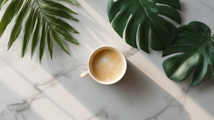 Poster - A cup of coffee with palm leaves on a marble surface in soft lighting from an overhead perspective