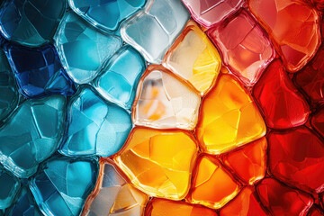 Poster - Abstract image of glossy, multicolored glass pieces creating a vibrant mosaic effect, showcasing a range of blue to red hues.