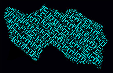 Poster - Jersey Regions Word Clouds. Bright neon style design on dark background. Region names of the country in English language. Country shape with administrative division. Artistic vector illustration.