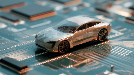 Poster - Silver toy car resting on a blue circuit board with visible components and reflections visible on surface