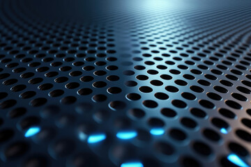 Poster - A sleek, dark metal surface with evenly spaced circular perforations, reflecting light with a subtle blue glow.