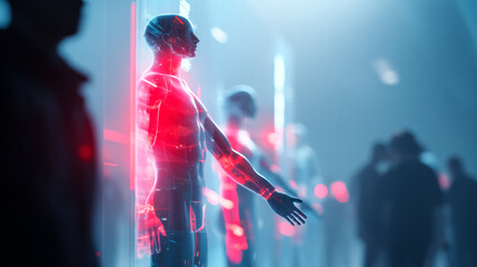 Poster - Futuristic figures in a blue and red light filled scene with a crowd in the background blur