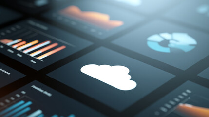 Poster - Close up of cloud icon and data charts on a digital interface showing business analytics and metrics