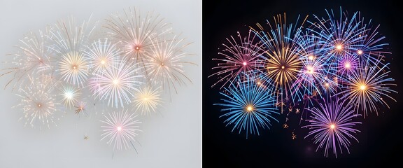 Fototapete - Contrasting Fireworks Displays, Vibrant Explosions. Pastel Lights Shine, Creating A Whimsical Spectacle, While Vivid Colors Burst Against The Dark Sky, Making A Dramatic Impact. Celebratory Moments