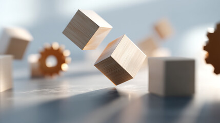 Poster - A close up of wooden cubes and gears scattered on a reflective surface with a blurred background