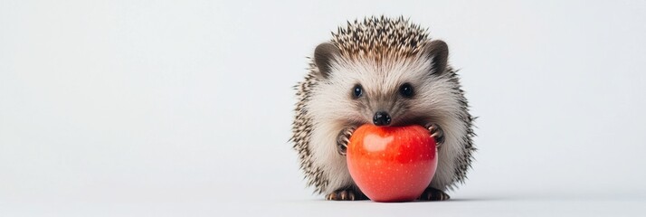 Aufkleber - Cute hedgehog holding a bright red apple under studio lighting on a white background captures an adorable moment of wildlife charm