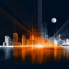 Poster - Abstract Cityscape at Night with Digital Wireframe and Moon Reflection for Modern Architecture