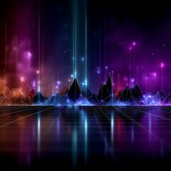 Poster - abstract digital landscape with glowing grid, peaks, and radiant light beams in a futuristic style