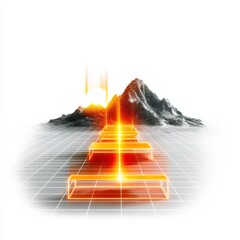 Poster - Ascending the Neon Path: Futuristic Steps Towards a Mountain Peak, Symbolizing Progress and Achievement with Bright Illumination