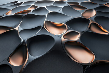 Poster - Abstract metallic surface design with interconnected geometric shapes, featuring black, silver, and copper textures under dramatic lighting.