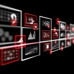 Poster - Futuristic Data Visualization: A Complex Network of Graphs and Charts in a Modern Interface with a Red Accent
