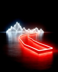 Aufkleber - Red Neon Path Leading to Abstract White Mountains, Futuristic Landscape on a Dark Floor