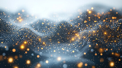 Wall Mural - abstract waves of fine lines and glowing orange and white particles on a dark background.
