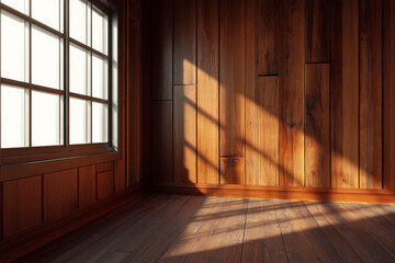 Poster - Empty room corner with wooden wall, floor, and window, sunlit, showcasing blank space ideal for product placement or text overlay, representing warmth and serenity