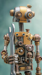Poster - Close-up of a metallic robot, crafted from gears, and holding a wrench, showcasing intricate mechanical detail and a steampunk aesthetic, representing craftsmanship, technology, and repair