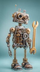 Poster - Steampunk robot holding wrench, detailed metallic gears and springs, showcasing craftsmanship and technology, symbolizing repair, innovation, and mechanics