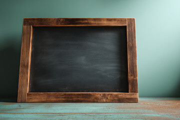 Poster - Rustic dark brown wooden frame encloses a blank black chalkboard, sitting on a teal wood surface against a green wall, showcasing free space for text or advertisement