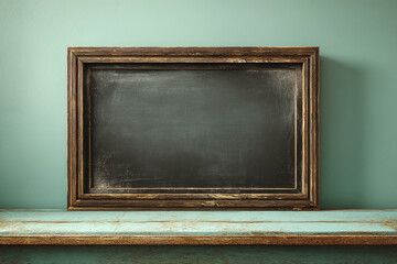 Poster - Rustic wooden frame with dark gray chalkboard insert on teal shelf mockup, showcasing blank space for text or advertisement, ideal for vintage or rustic designs