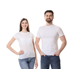 Wall Mural - woman and man wearing blank t-shirts on white background. mockup for design