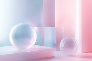 Poster - Soft pastel geometric shapes with transparent spheres in a modern aesthetic setting