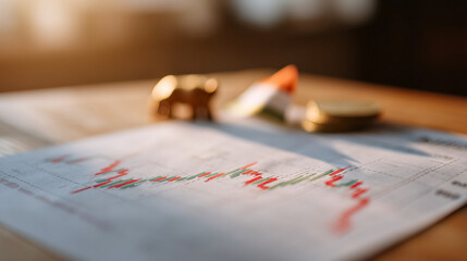 Poster - A close up of a stock market chart with coins and a bull figurine on a wooden surface in soft light