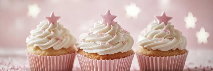 Poster - Cupcakes adorned with pastel toppings and star decorations on soft textured paper background at a celebration event