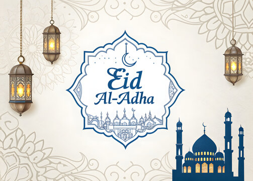 Design a gold-tone Eid al-Adha logo with Islamic motifs, including a goat, minaret, clouds, and lanterns.