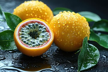 Aufkleber - Vibrant fruits showcase droplets of water on a dark surface in a fresh and appealing arrangement