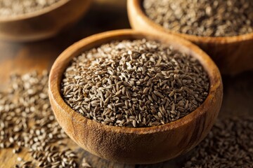 Poster - Authentic caraway seeds displayed in wooden bowls highlighting texture and natural colors in home kitchen