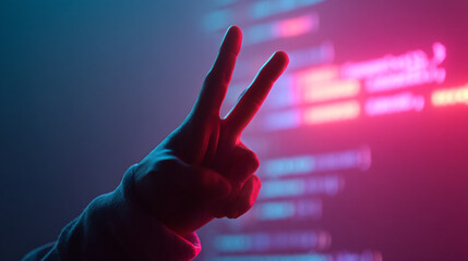 Poster - Hand making peace sign in front of neon lights with blue and pink colors in a dark environment