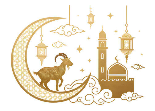 Design a gold-tone Eid al-Adha logo with Islamic motifs, including a goat, minaret, clouds, and lanterns.