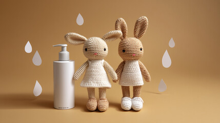 Fototapete - Two crocheted bunnies in beige and white dresses stand beside a white bottle, symbolizing purity and gentleness, against a muted brown background, ideal for product display or advertisement