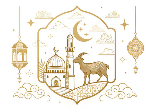 Design a gold-tone Eid al-Adha logo with Islamic motifs, including a goat, minaret, clouds, and lanterns.