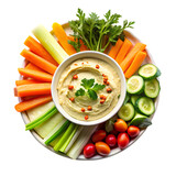 Healthy hummus dip with colorful vegetable sticks top view on white background perfect for clean eating themes.