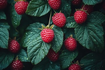 Poster - Fresh raspberries ripe for picking in a garden surrounded by lush green leaves on a sunny day