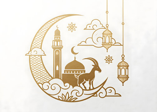 Design a gold-tone Eid al-Adha logo with Islamic motifs, including a goat, minaret, clouds, and lanterns.