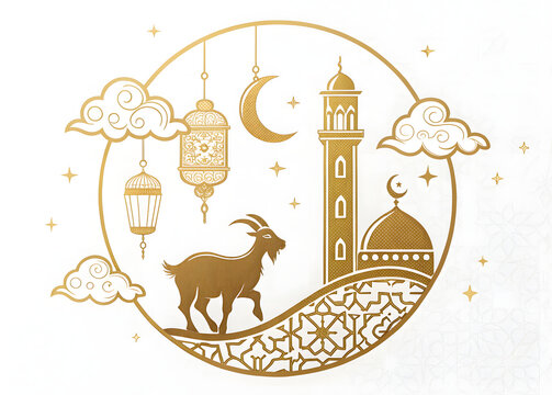 Design a gold-tone Eid al-Adha logo with Islamic motifs, including a goat, minaret, clouds, and lanterns.