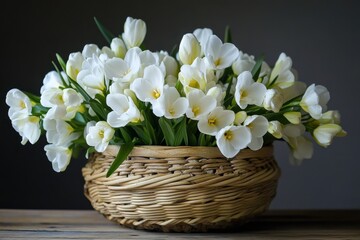 Poster - Beautiful white flowers arranged in a woven basket on a wooden table