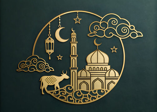 Design a gold-tone Eid al-Adha logo with Islamic motifs, including a goat, minaret, clouds, and lanterns.
