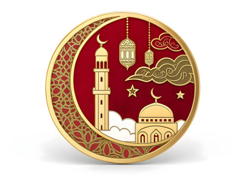 Design a gold-tone Eid al-Adha logo with Islamic motifs, including a goat, minaret, clouds, and lanterns.