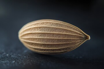 Poster - Unique close-up of a brown seed showcasing its distinct ribbed texture against a dark background