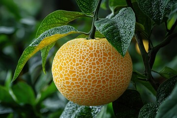 Poster - Ripe orange hanging on tree branch surrounded by lush green leaves after rain