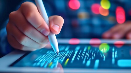 Poster - A person uses a stylus to interact with a tablet in a dimly lit environment, coding or creating graphic